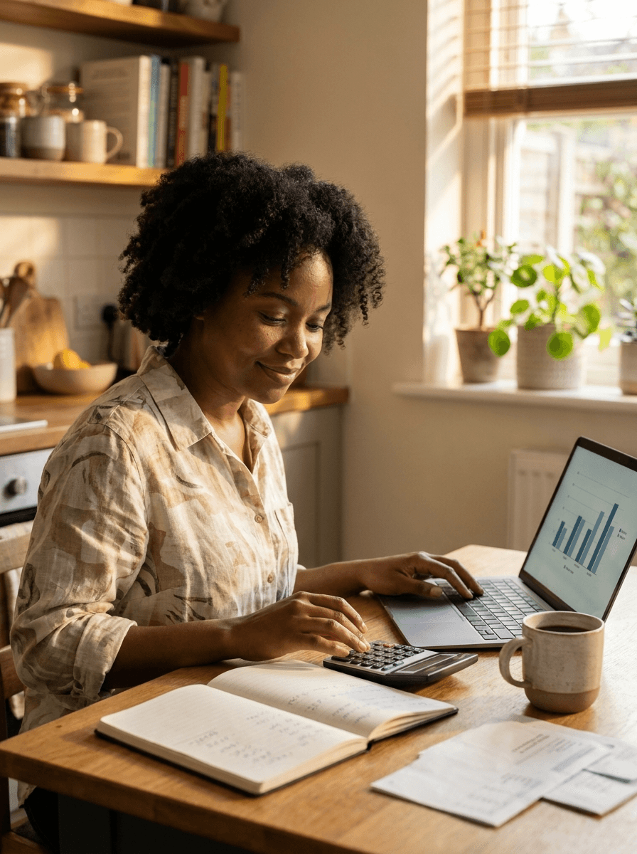 A woman reviewing her household budget at home with a notebook, calculator and laptop