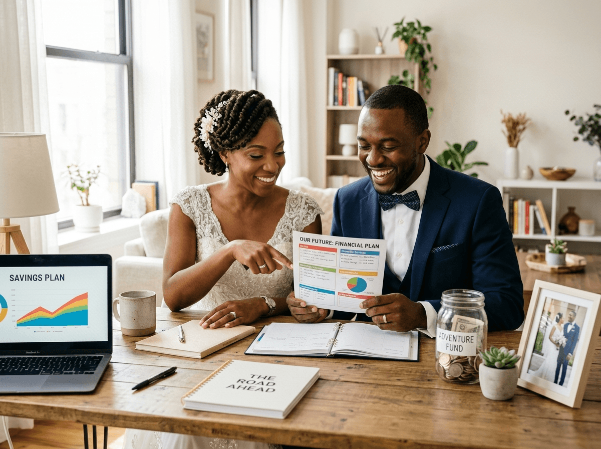 Couple planning their wedding savings together
