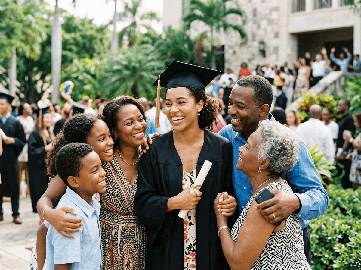 A proud graduate celebrating with family