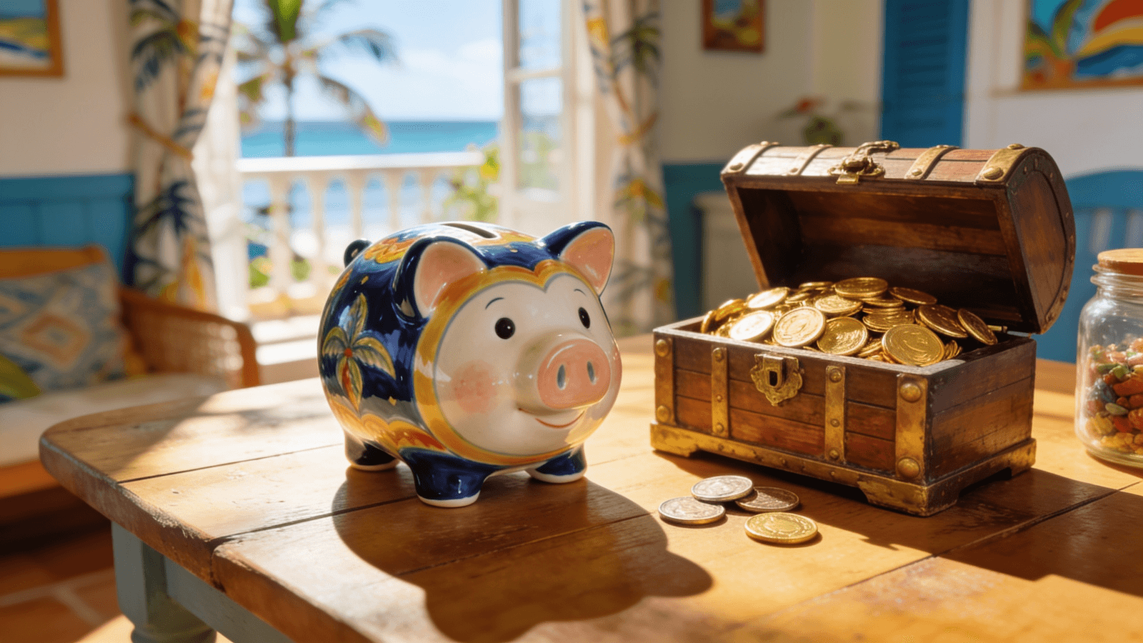 Colorful piggy bank beside a treasure chest of gold coins in a sunny Caribbean home