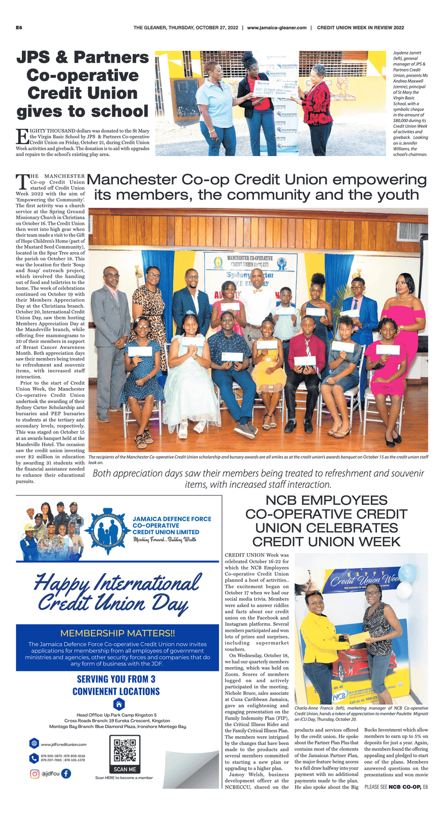 The Gleaner Credit Union Week in Review feature including the Manchester Co-operative Credit Union article on empowering its members, the community and the youth.