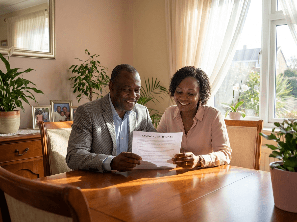 Couple reviewing their savings certificate at home