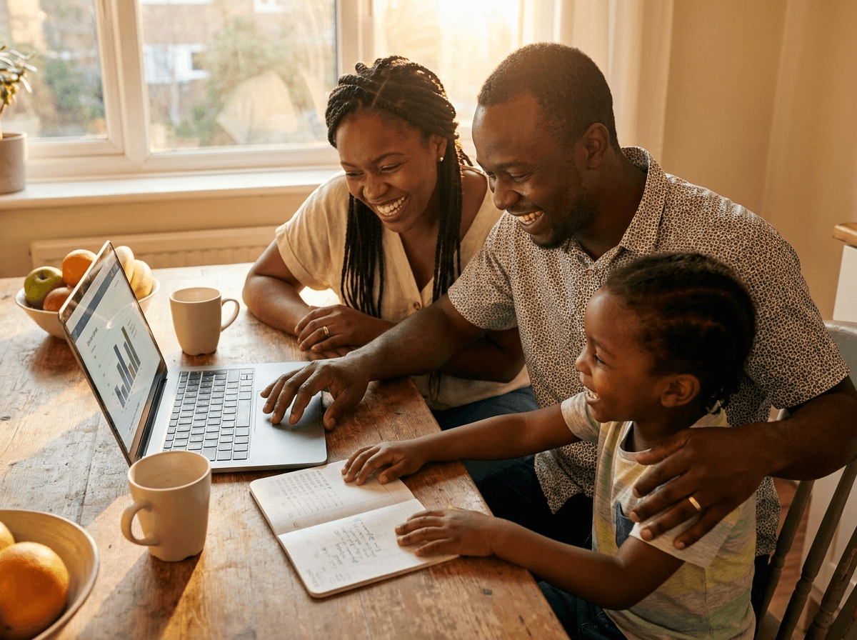 Family celebrating reaching a savings goal at home